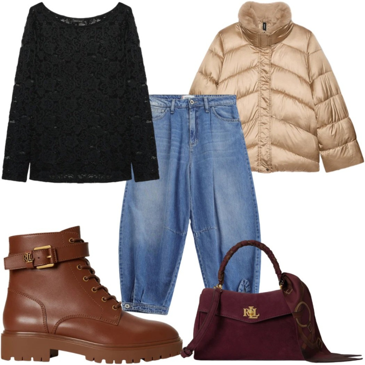 Outfit donna - Total look #2491042. Stile Casual chic per Tutti i giorni. Abbinamento con t-shirt, piumini, borse a mano, anfibi, jeans.