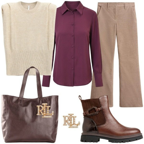 Outfit donna - Giornata autunnale in ufficio. Stile Chic per Ufficio. Abbinamento con maglieria, orecchini, camicie, pantaloni, stivaletti, shopping bag.