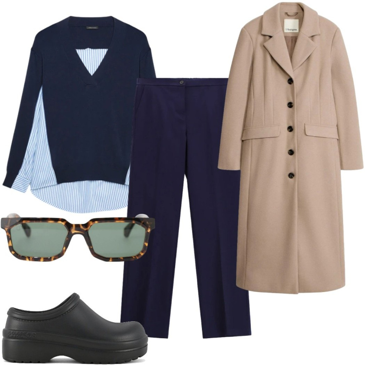 Outfit donna - Total look #2491047. Stile Trendy per Tutti i giorni. Abbinamento con occhiali da sole, maglieria, pantaloni, zoccoli, cappotti.