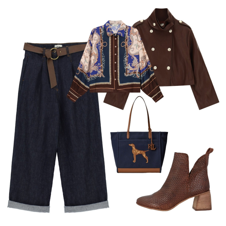 Outfit donna - Marrone con fantasia. Stile Trendy per Ufficio. Abbinamento con borse tote, camicie, jeans, blazer, stivaletti.