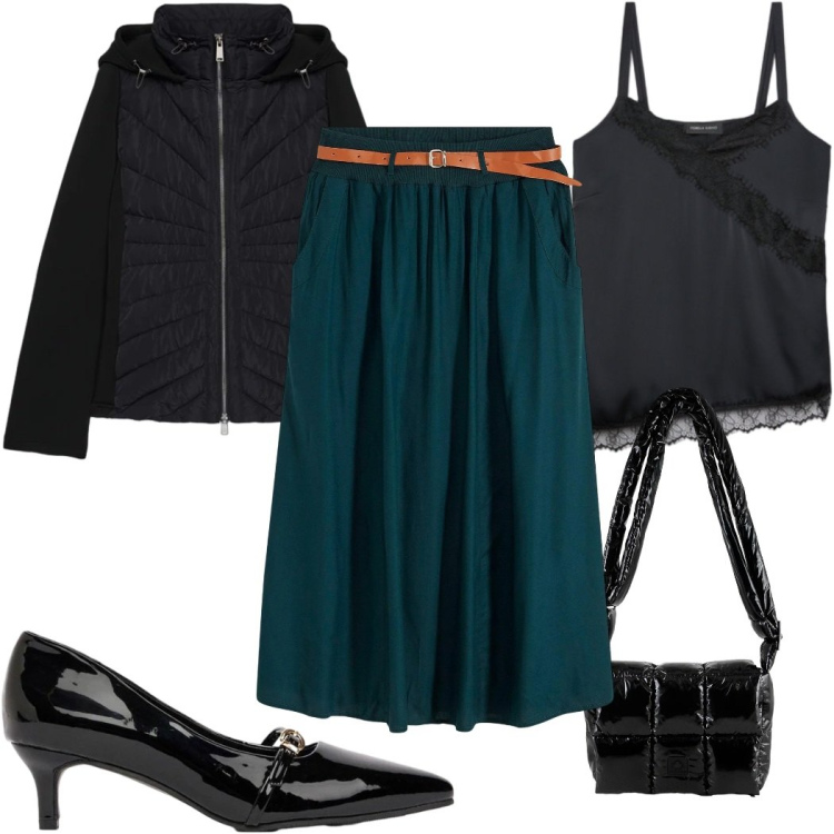 Outfit donna - Total look #2491053. Stile Glamour per Serata fuori. Abbinamento con top, piumini, borse a spalla, gonne lunghe, décolleté.