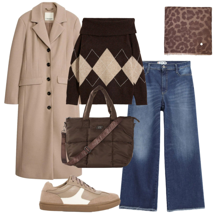 Outfit donna - Autunno. Stile Casual chic per Tutti i giorni. Abbinamento con jeans, sciarpe, pullovers, shopping bag, sneakers, cappotti.