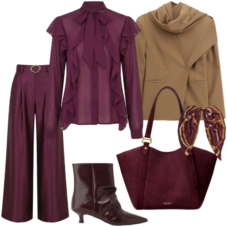 Outfit donna - Total look #2491063. Stile Chic per Serata fuori. Abbinamento con borse tote, foulard, bluse, pantaloni a palazzo, stivaletti, blazer.
