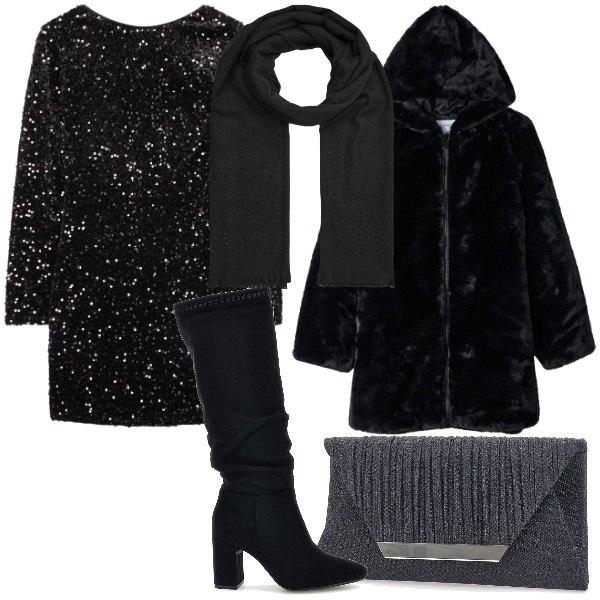 Outfit donna - Terranova Mid Season Sale. Stile Glamour per Serata fuori. Abbinamento con vestiti corti, ecopellicce, sciarpe, pochette, stivali.