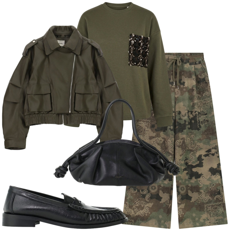 Outfit donna - I pantaloni camouflage. Stile Glamour per Tutti i giorni. Abbinamento con mocassini, pantaloni a palazzo, borse a mano, felpe, giacche.