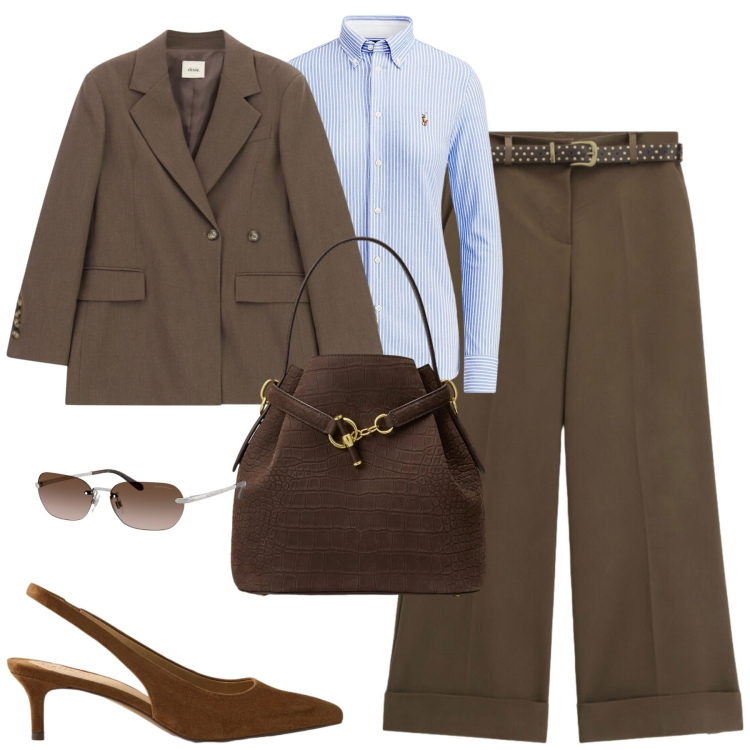 Outfit donna - In ufficio. Stile Chic per Ufficio. Abbinamento con camicie, décolleté, occhiali da sole, borse a secchiello, pantaloni a palazzo, blazer.