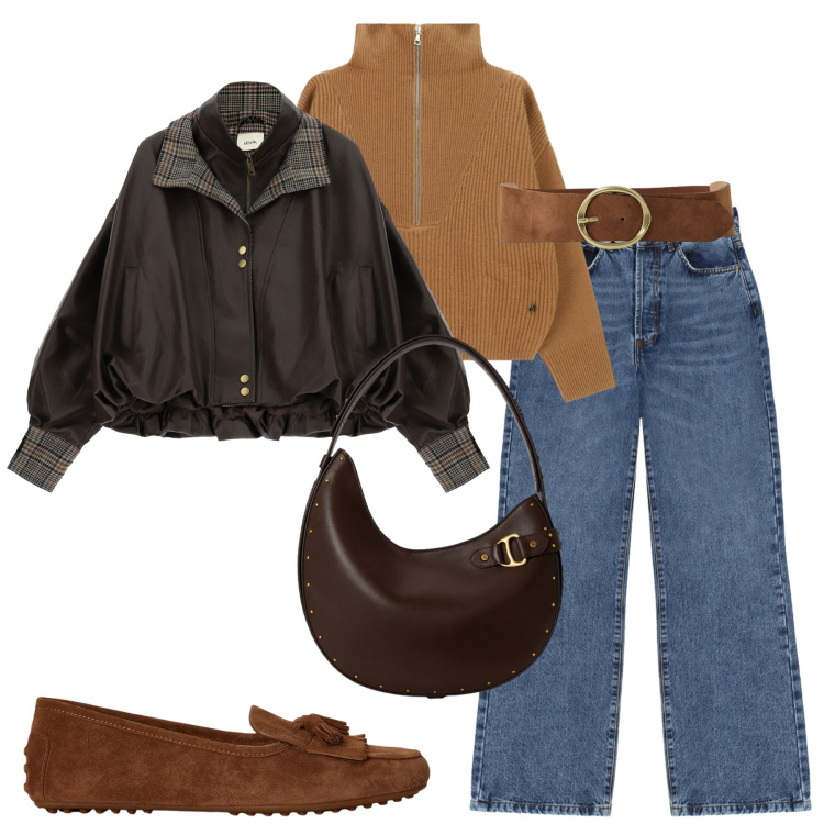 Outfit donna - Fall. Stile Urban per Tutti i giorni. Abbinamento con mocassini, borse a spalla, maglieria, jeans, cinture, bomber.