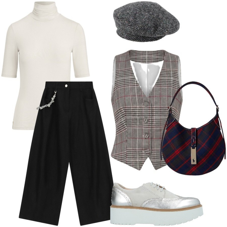 Outfit donna - French style. Stile Casual chic per Tutti i giorni. Abbinamento con pantaloni a palazzo, t-shirt, borse a spalla, gilet, scarpe stringate, cappelli e berretti.