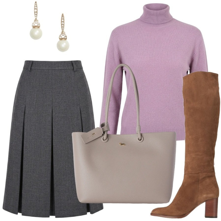 Outfit donna - Una pizza con gli amici. Stile Sporty chic per Ufficio. Abbinamento con shopping bag, orecchini, gonne longuette, pullovers, stivali.