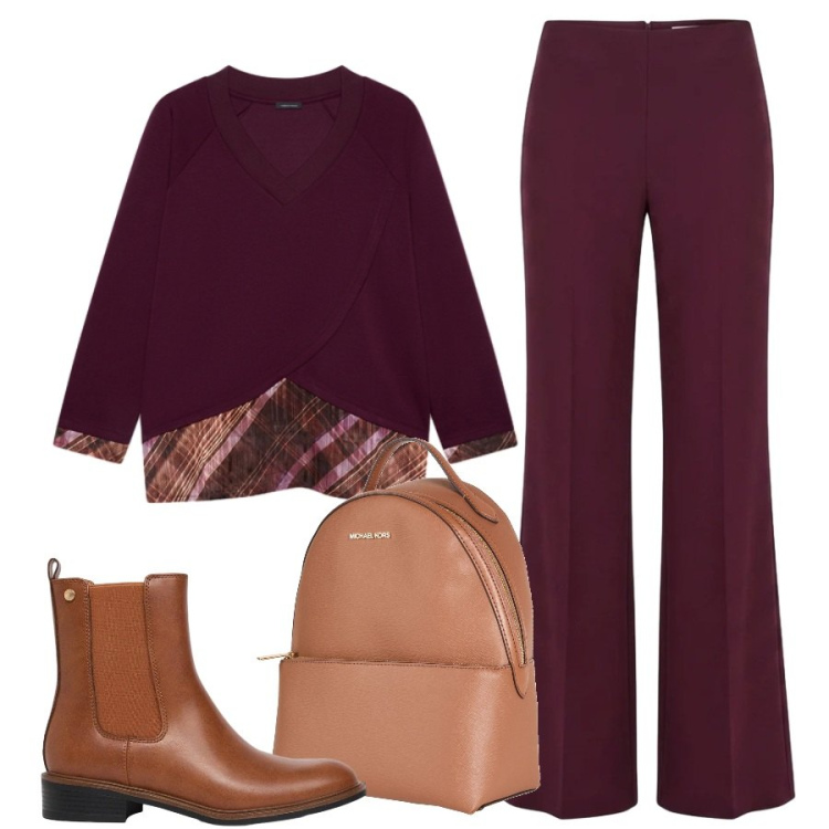 Outfit donna - Leggerezza. Stile Sporty chic per Ufficio. Abbinamento con felpe, pantaloni a palazzo, zaini, stivaletti chelsea.