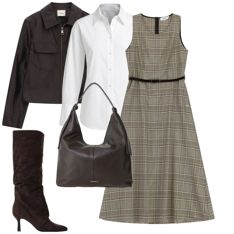 Outfit donna - City. Stile Trendy per Tutti i giorni. Abbinamento con stivali, borse a spalla, vestiti midi/longuette, camicie, cappotti.