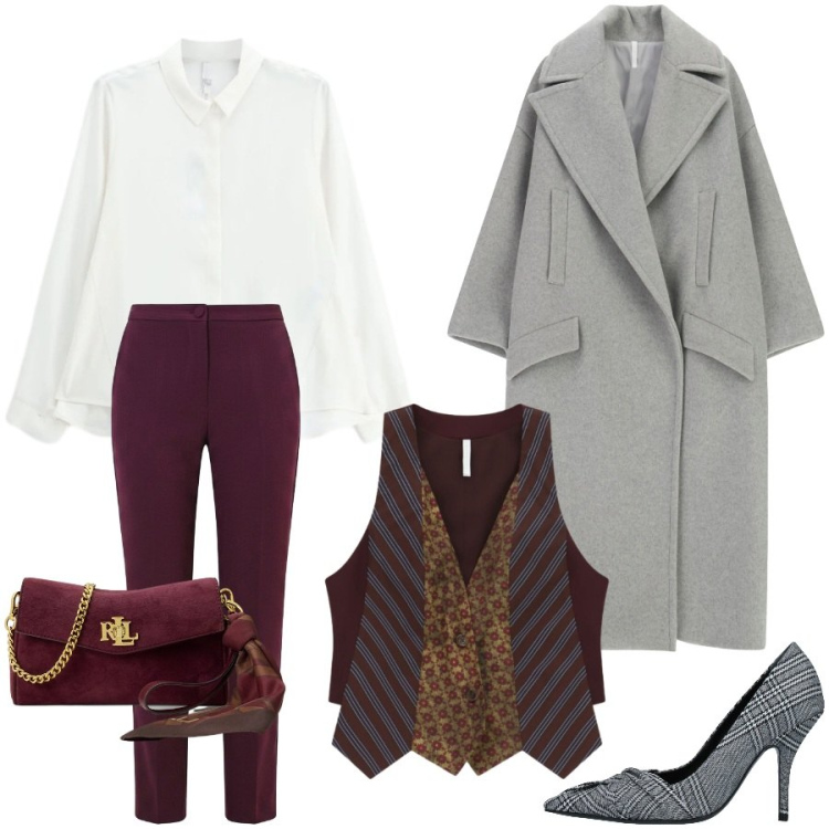 Outfit donna - Raffinata. Stile Chic per Cerimonia. Abbinamento con gilet, camicie, cappotti, borse a tracolla, pantaloni, décolleté.