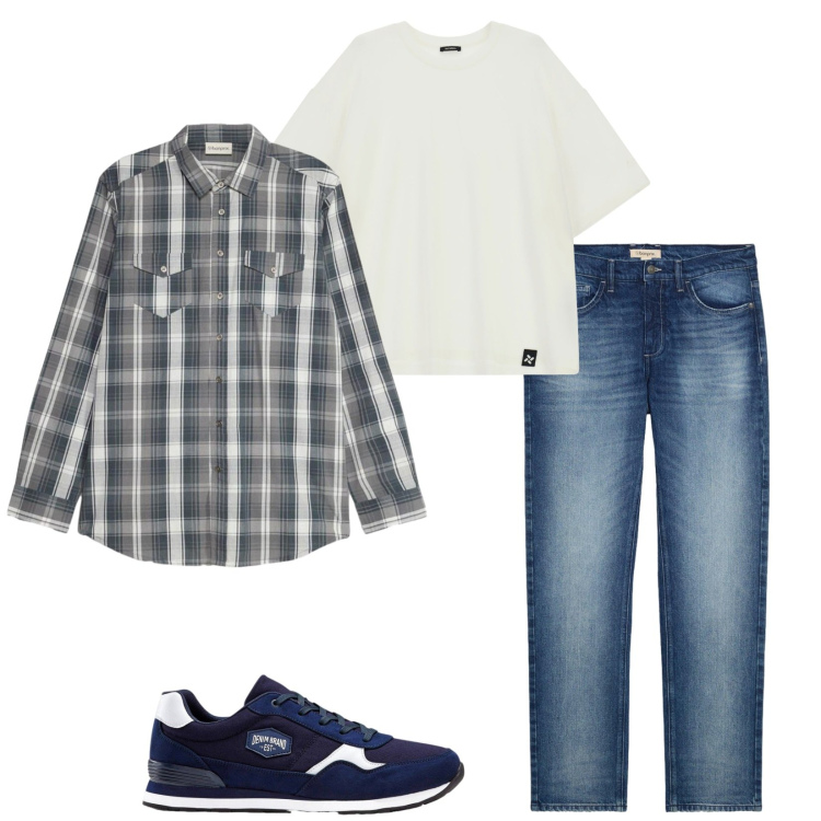 Outfit uomo - Easy. Stile Casual per Tutti i giorni. Abbinamento con t-shirt, sneakers, jeans dritti, camicie.