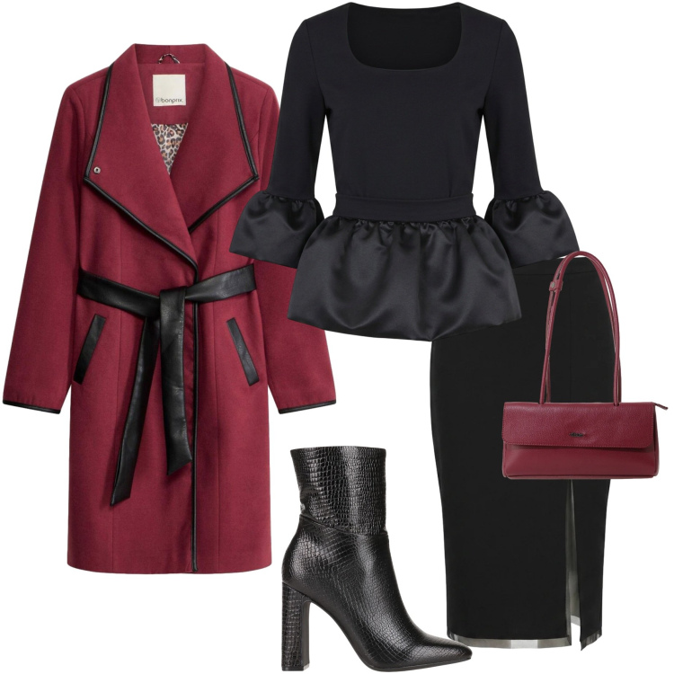 Outfit donna - A cena con amici. Stile Chic per Serata fuori. Abbinamento con gonne longuette, bluse, borse a spalla, stivaletti, cappotti.