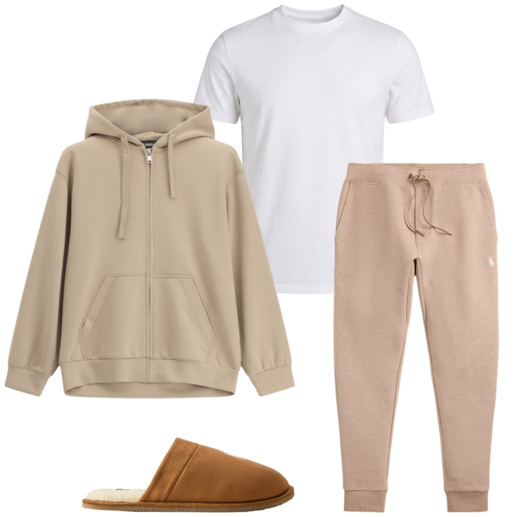 Outfit uomo - No stress. Stile Casual per Tutti i giorni. Abbinamento con t-shirt, felpe con cappuccio, pantaloni, pantofole.