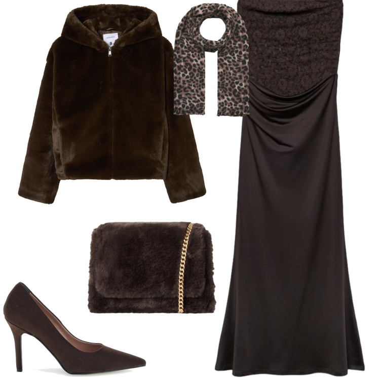 Outfit donna - Chic serata evento speciale. Stile Chic per Serata fuori. Abbinamento con borse a tracolla, ecopellicce, vestiti lunghi, sciarpe, décolleté.