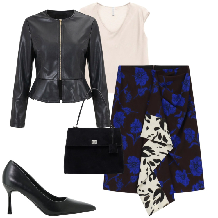 Outfit donna - Aperitivo. Stile Glamour per Serata fuori. Abbinamento con gonne, décolleté, t-shirt, borse a mano, giacche.