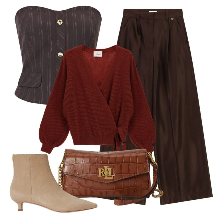 Outfit donna - Il cardigan di sera. Stile Sporty chic per Serata fuori. Abbinamento con portafogli, stivaletti, top, pantaloni a palazzo, cardigans.