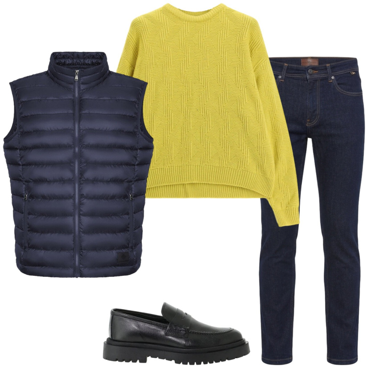 Outfit uomo - Aperitivo domenicale. Stile Casual per Tutti i giorni. Abbinamento con jeans, maglieria, scarpe stringate, piumini.
