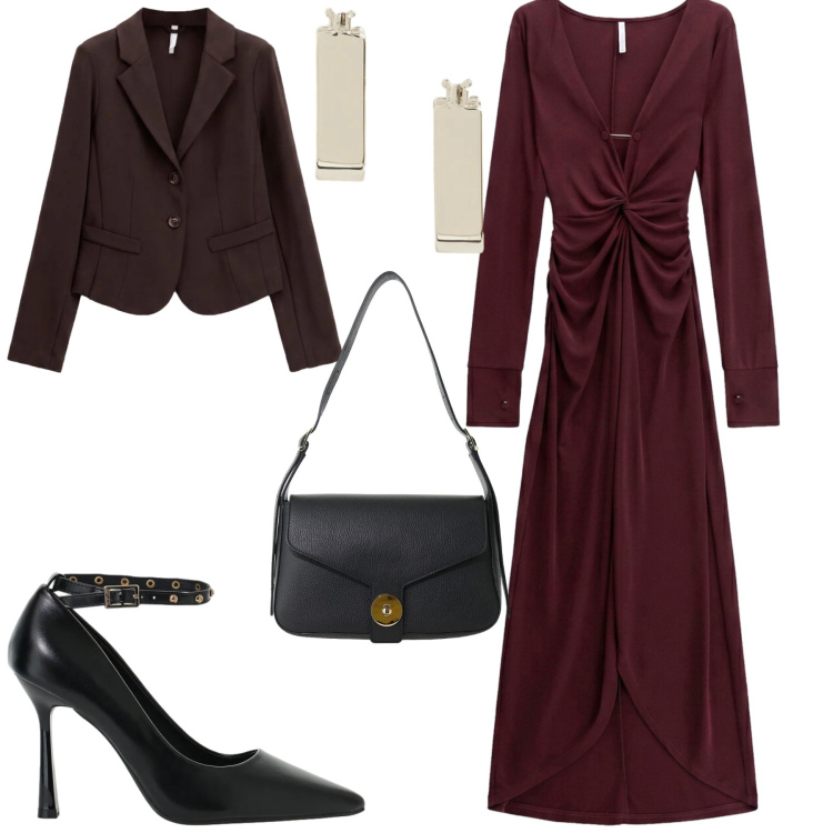 Outfit donna - Serata. Stile Trendy per Serata fuori. Abbinamento con vestiti lunghi, décolleté, blazer, borse a spalla, orecchini.