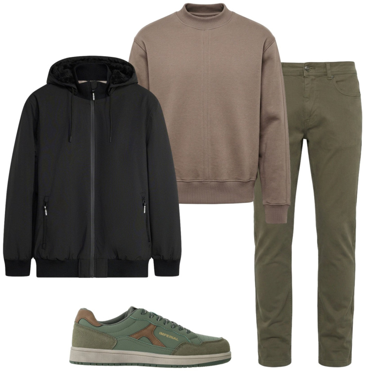 Outfit uomo - Domenica dai tuoi. Stile Casual per Tutti i giorni. Abbinamento con pantaloni, felpe, sneakers, bomber.