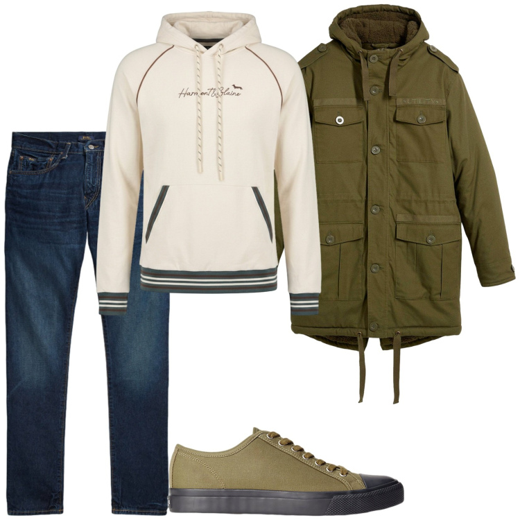 Outfit uomo - Super classico parka. Stile Casual per Tutti i giorni. Abbinamento con felpe con cappuccio, sneakers, jeans, parka.