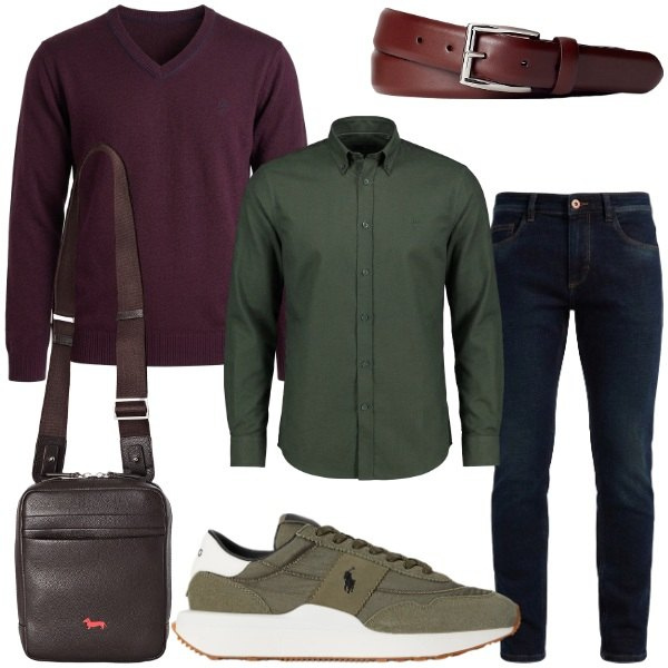 Outfit uomo - Toni del bosco e della terra. Stile Casual per Tutti i giorni. Abbinamento con borse sportive, camicie, jeans slim fit, maglieria, sneakers, cinture.