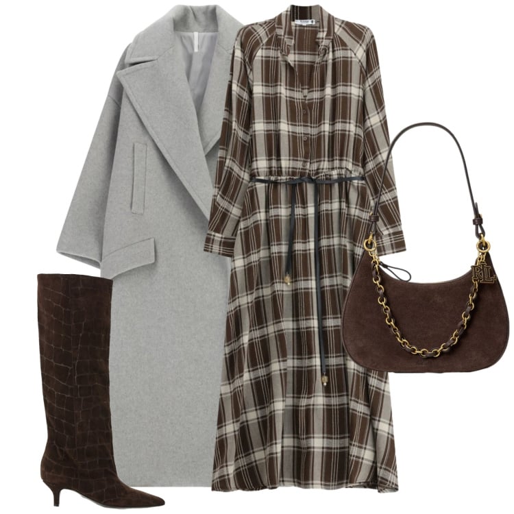 Outfit donna - Total look #2491161. Stile Trendy per Tutti i giorni. Abbinamento con stivali, cappotti, borse a spalla, vestiti lunghi.