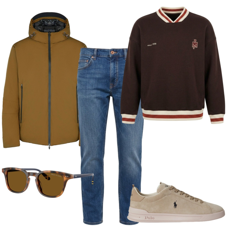 Outfit uomo - Passeggiata in centro. Stile Casual per Tutti i giorni. Abbinamento con jeans, felpe, sneakers, occhiali da sole, eskimo.