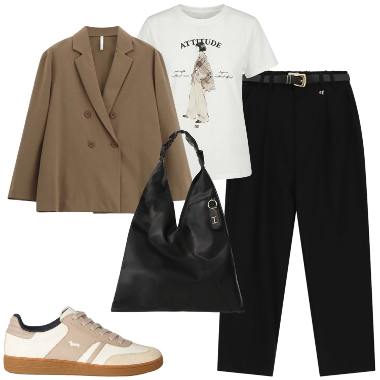 Outfit donna - Street style. Stile Casual chic per Tutti i giorni. Abbinamento con sneakers, borse a spalla, blazer, t-shirt, pantaloni.