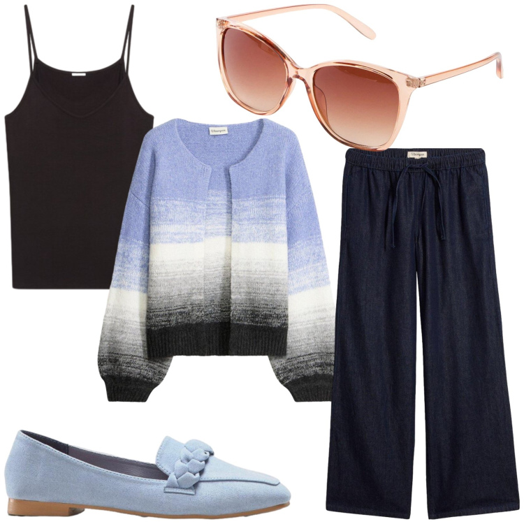 Outfit donna - Casual. Stile Casual per Tutti i giorni. Abbinamento con canottiere, jeans, cardigans, mocassini, occhiali da sole.