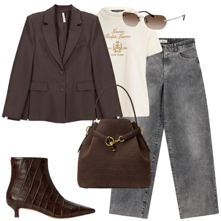 Outfit donna - Street style. Stile Casual chic per Tutti i giorni. Abbinamento con blazer, t-shirt, occhiali da sole, borse a secchiello, stivaletti, jeans.