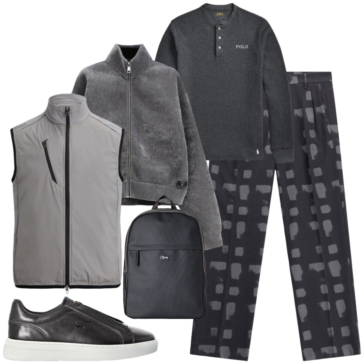 Outfit uomo - Casual ufficio tempo libero. Stile Casual per Ufficio. Abbinamento con borse sportive, sneakers, pantaloni, bomber, t-shirt, gilet.