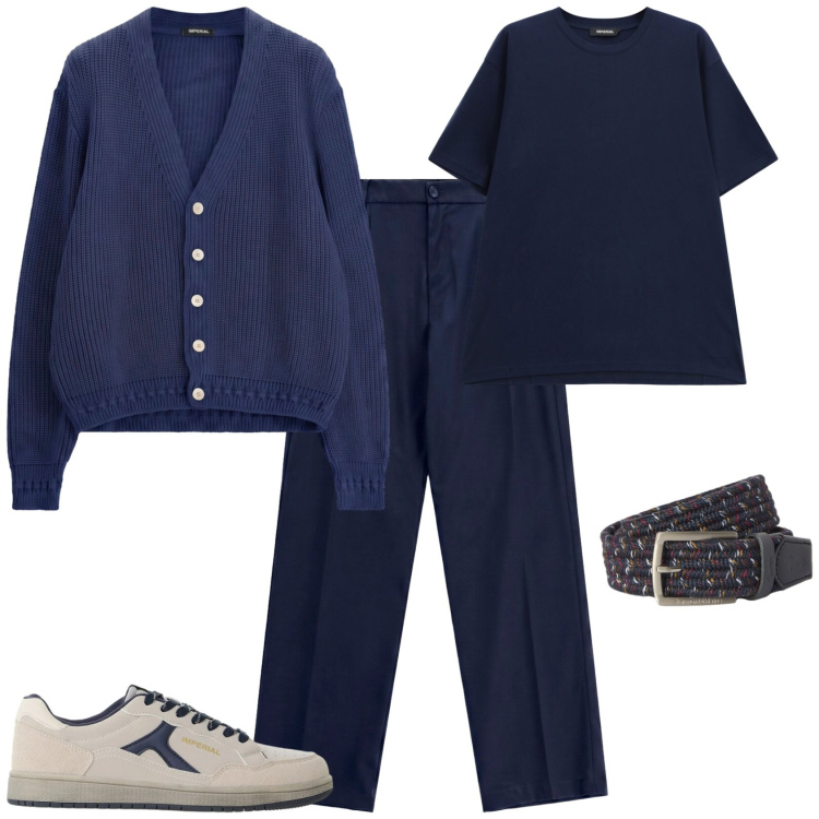 Outfit uomo - Trendy ufficio tempo libero. Stile Trendy per Ufficio. Abbinamento con cinture, pantaloni, sneakers, cardigans, t-shirt.