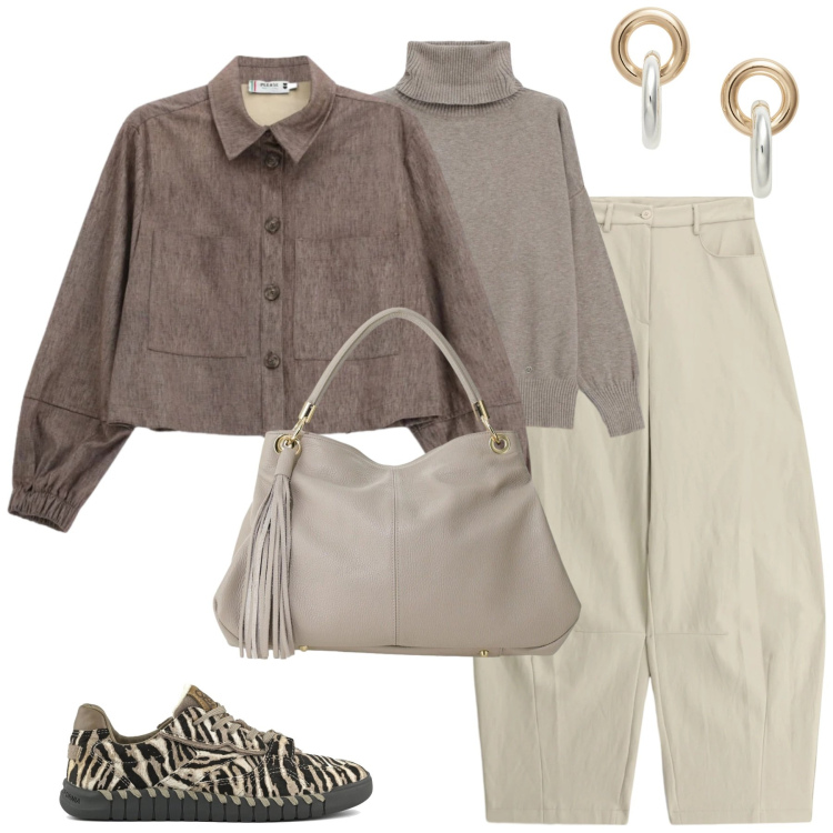 Outfit donna - Ottoobre. Stile Urban per Tutti i giorni. Abbinamento con pantaloni, borse a spalla, orecchini, cappotti, maglieria, sneakers.