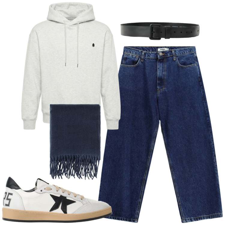 Outfit uomo - Fall. Stile Casual per Tutti i giorni. Abbinamento con jeans, cinture, felpe con cappuccio, sneakers, sciarpe.
