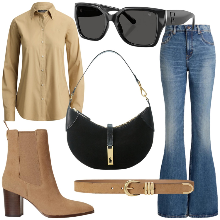 Outfit donna - Raffinata. Stile Casual per Tutti i giorni. Abbinamento con borse a spalla, occhiali da sole, jeans, cinture, stivaletti, camicie.