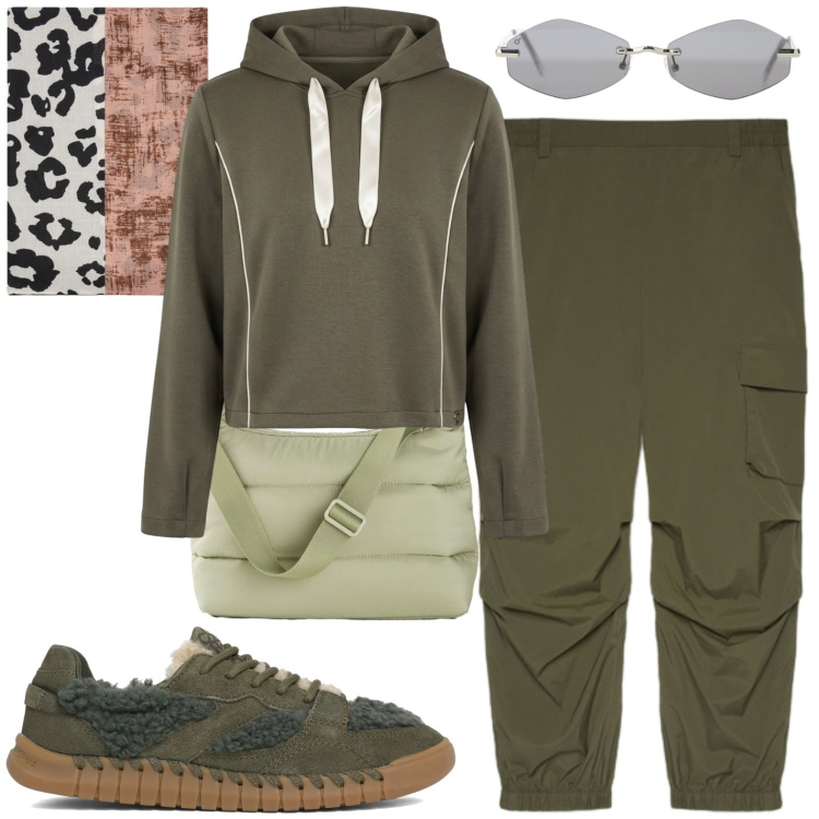 Outfit donna - Sportiva. Stile Casual per Sport. Abbinamento con borse a tracolla, felpe con cappuccio, occhiali da sole, pantaloni cargo, sciarpe, sneakers.