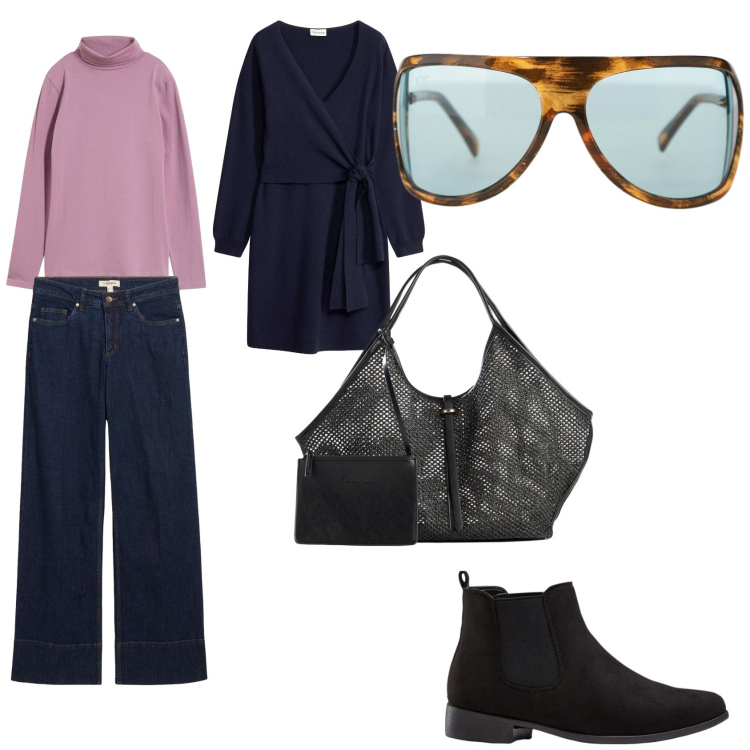 Outfit donna - Total look #2491196. Stile Casual per Tutti i giorni. Abbinamento con maglieria, shopping bag, stivaletti chelsea, jeans, vestiti, occhiali da sole.