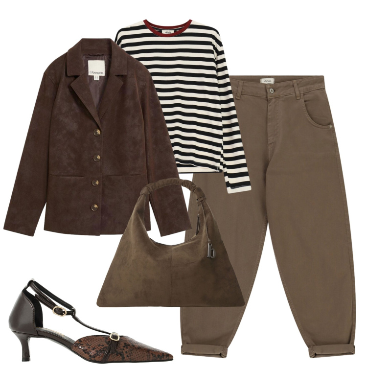 Outfit donna - Ottobre. Stile Casual chic per Tutti i giorni. Abbinamento con décolleté, t-shirt, pantaloni, borse a spalla, blazer.