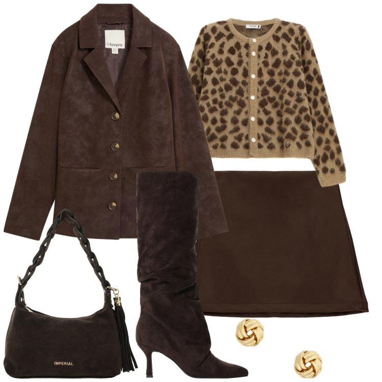 Outfit donna - Serata. Stile Trendy per Serata fuori. Abbinamento con borse a spalla, stivali, orecchini, cardigans, minigonne, blazer.