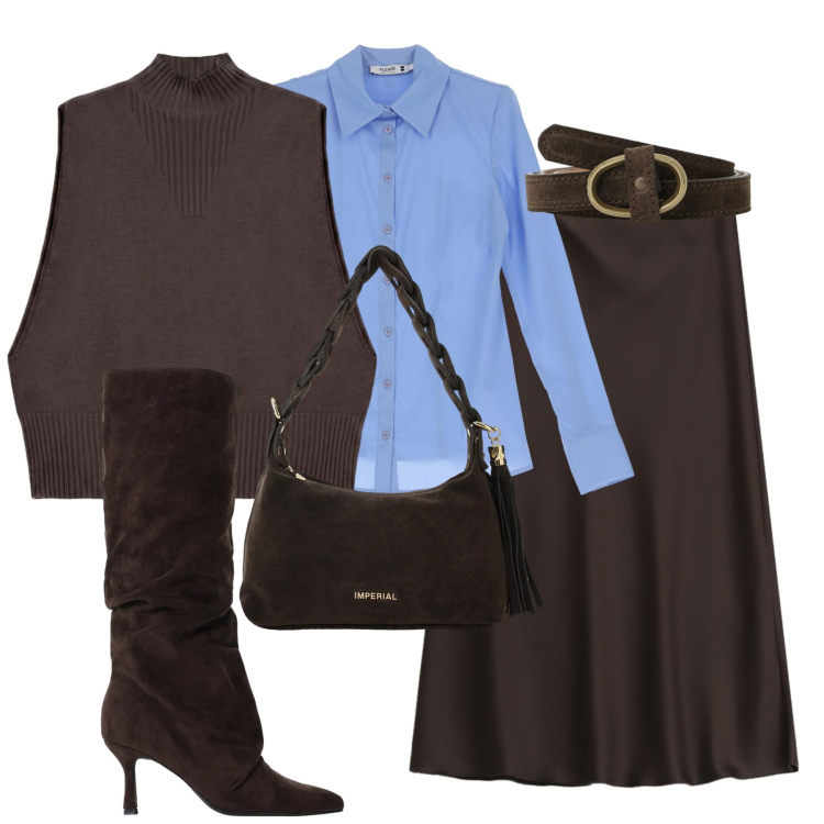 Outfit donna - Urban vibes. Stile Trendy per Tutti i giorni. Abbinamento con borse a spalla, stivali, gilet, camicie, gonne longuette, cinture.