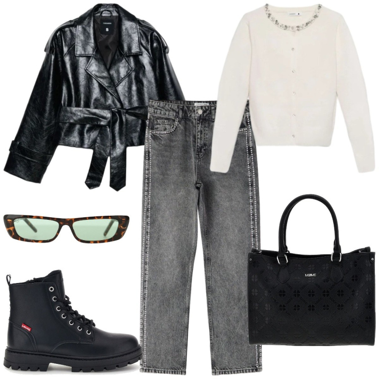 Outfit donna - Trench un classico. Stile Casual chic per Tutti i giorni. Abbinamento con occhiali da sole, cardigans, jeans mom, trench, borse a tracolla, anfibi.