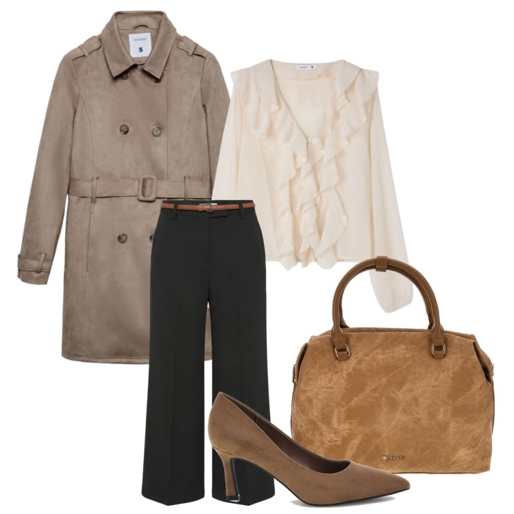 Outfit donna - Il trench autunnale. Stile Casual chic per Tutti i giorni. Abbinamento con trench, pantaloni, bluse, borse a tracolla, décolleté.