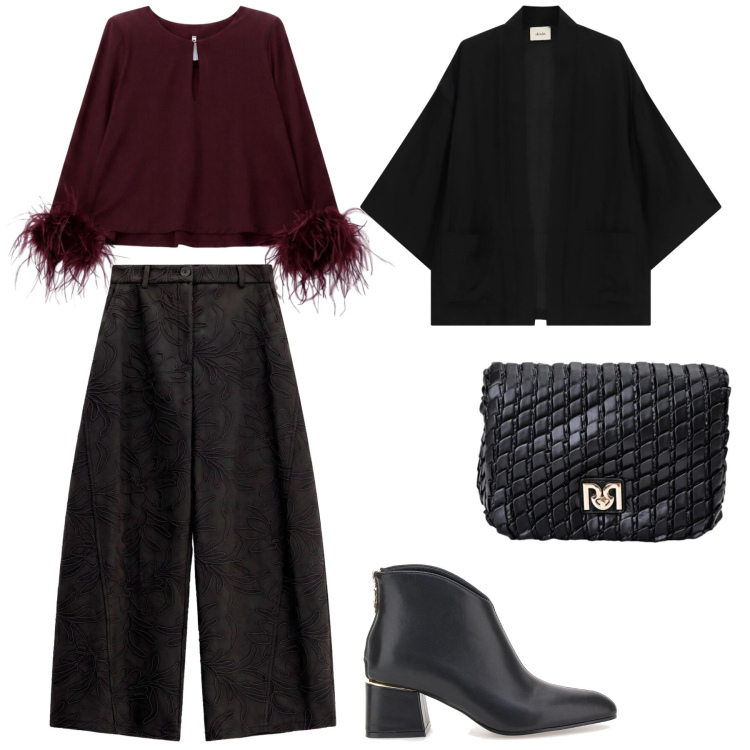 Outfit donna - Autunno Glamour. Stile Casual chic per Tutti i giorni. Abbinamento con pantaloni a palazzo, bluse, blazer, borse a tracolla, stivaletti.