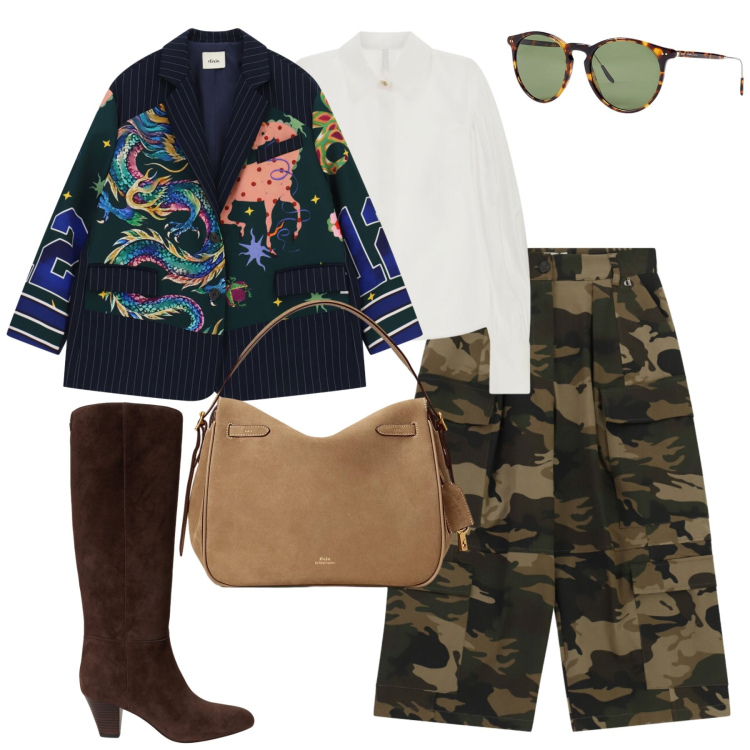 Outfit donna - Dixie. Stile Glamour per Tutti i giorni. Abbinamento con camicie, occhiali da sole, borse a mano, stivali, pantaloni cargo, blazer.