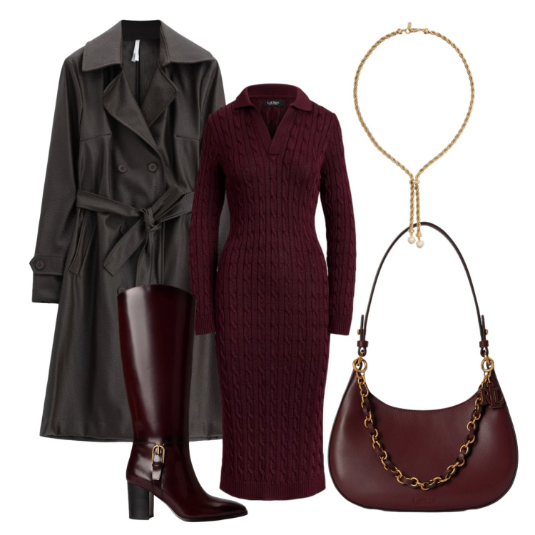Outfit donna - Moro & bordeaux. Stile Chic per Tutti i giorni. Abbinamento con trench, borse a spalla, stivali, collane, vestiti midi/longuette.