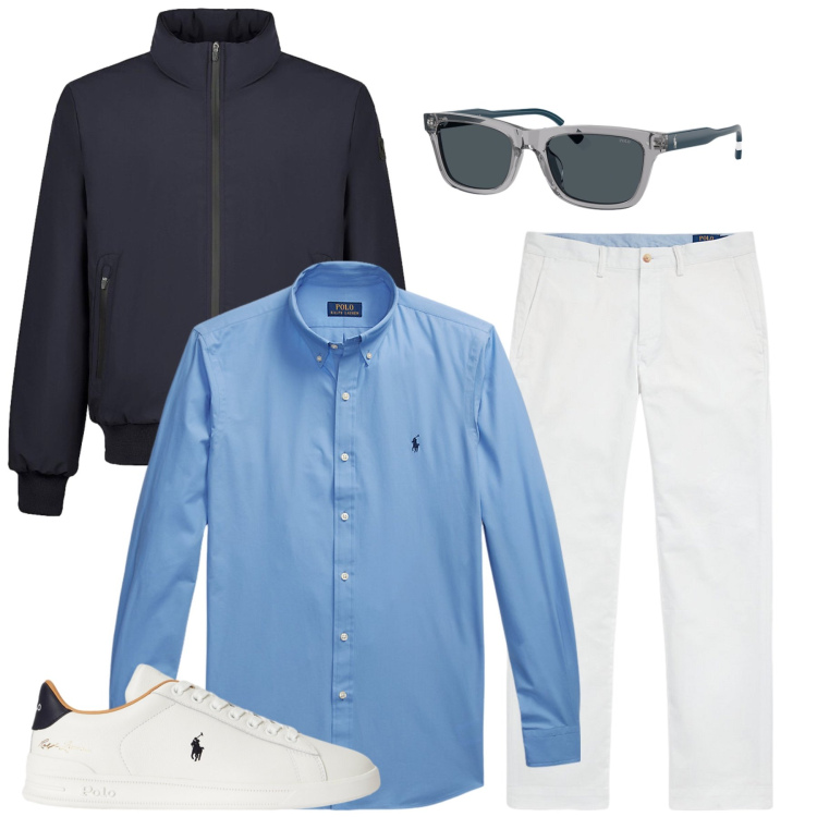 Outfit uomo - Total look #2491220. Stile Casual per Ufficio. Abbinamento con pantaloni, camicie, occhiali da sole, sneakers, bomber.