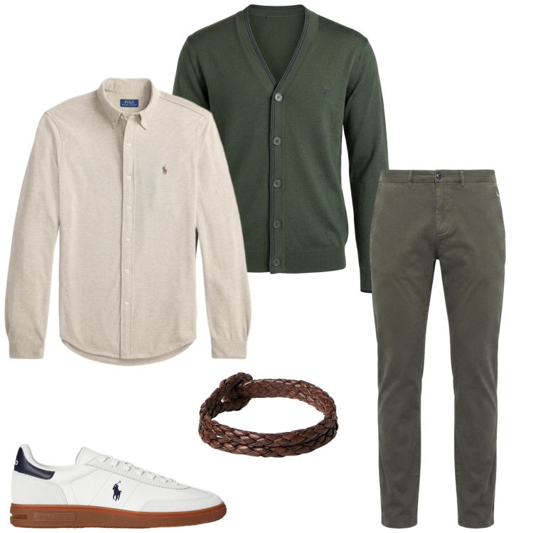 Outfit uomo - Total look #2491223. Stile Casual per Tutti i giorni. Abbinamento con pantaloni, cardigans, braccialetti, camicie, sneakers.