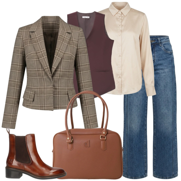 Outfit donna - Vestire a strati. Stile Mannish per Scuola/Università. Abbinamento con borse a mano, camicie, blazer, jeans, gilet, stivaletti chelsea.